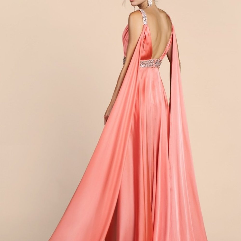 CORAL NEW  V-Neck A-Line Shape Satin Prom Dress CDA0065 - Picture 2 of 5